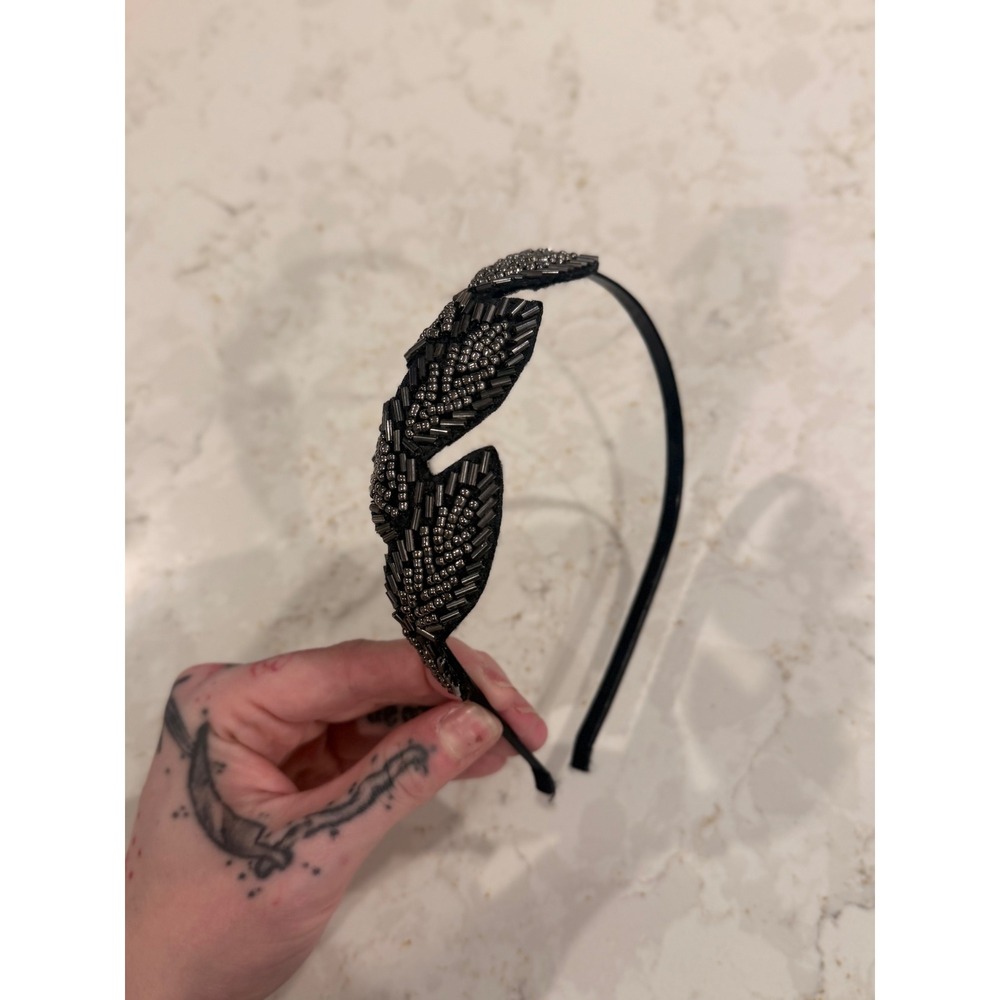 Black Beaded Leaf Headband Gunmetal Seed Bead Statement Hair Accessory Headpiece